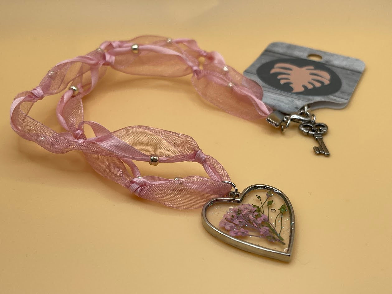 Ribbon and Silver Bead Necklace with Resin Pendant