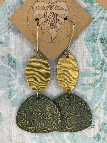 Gold and Green Polymer Clay Oval Earrings