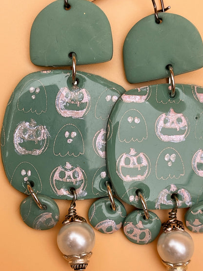 Spooky Green Stenciled Chandelier Earrings